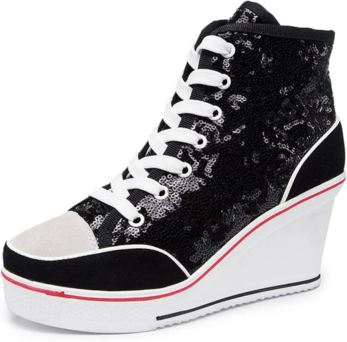 Women's Sneaker Shoes High Heel Fashionable Canvas Shoes High Tube Lace Up Wedge Edge Zipper Slope Angle Shoes Size 4-11