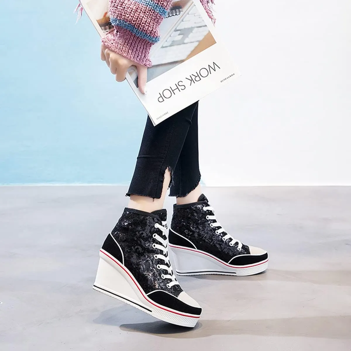 Women's Sneaker Shoes High Heel Fashionable Canvas Shoes High Tube Lace Up Wedge Edge Zipper Slope Angle Shoes Size 4-11