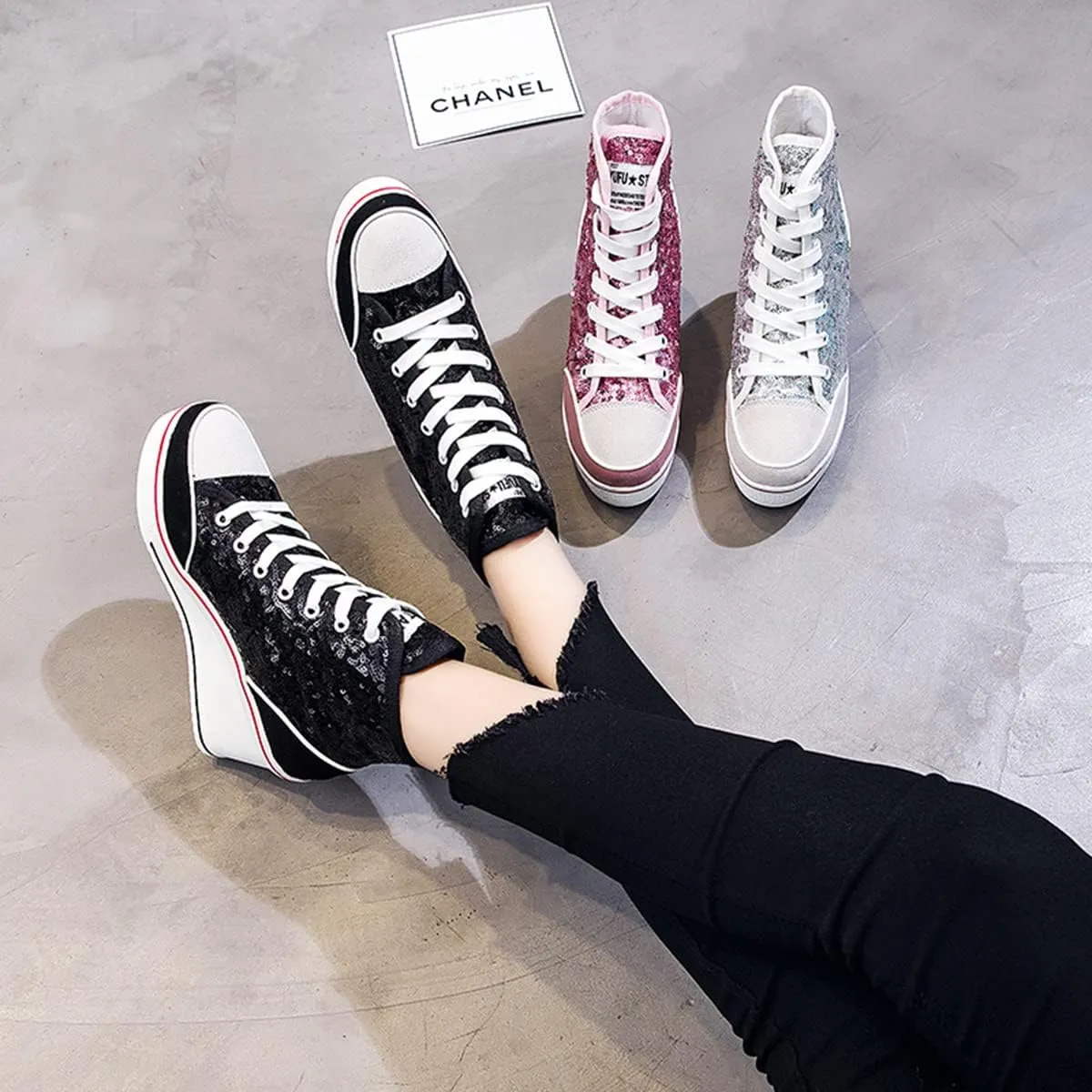 Women's Sneaker Shoes High Heel Fashionable Canvas Shoes High Tube Lace Up Wedge Edge Zipper Slope Angle Shoes Size 4-11