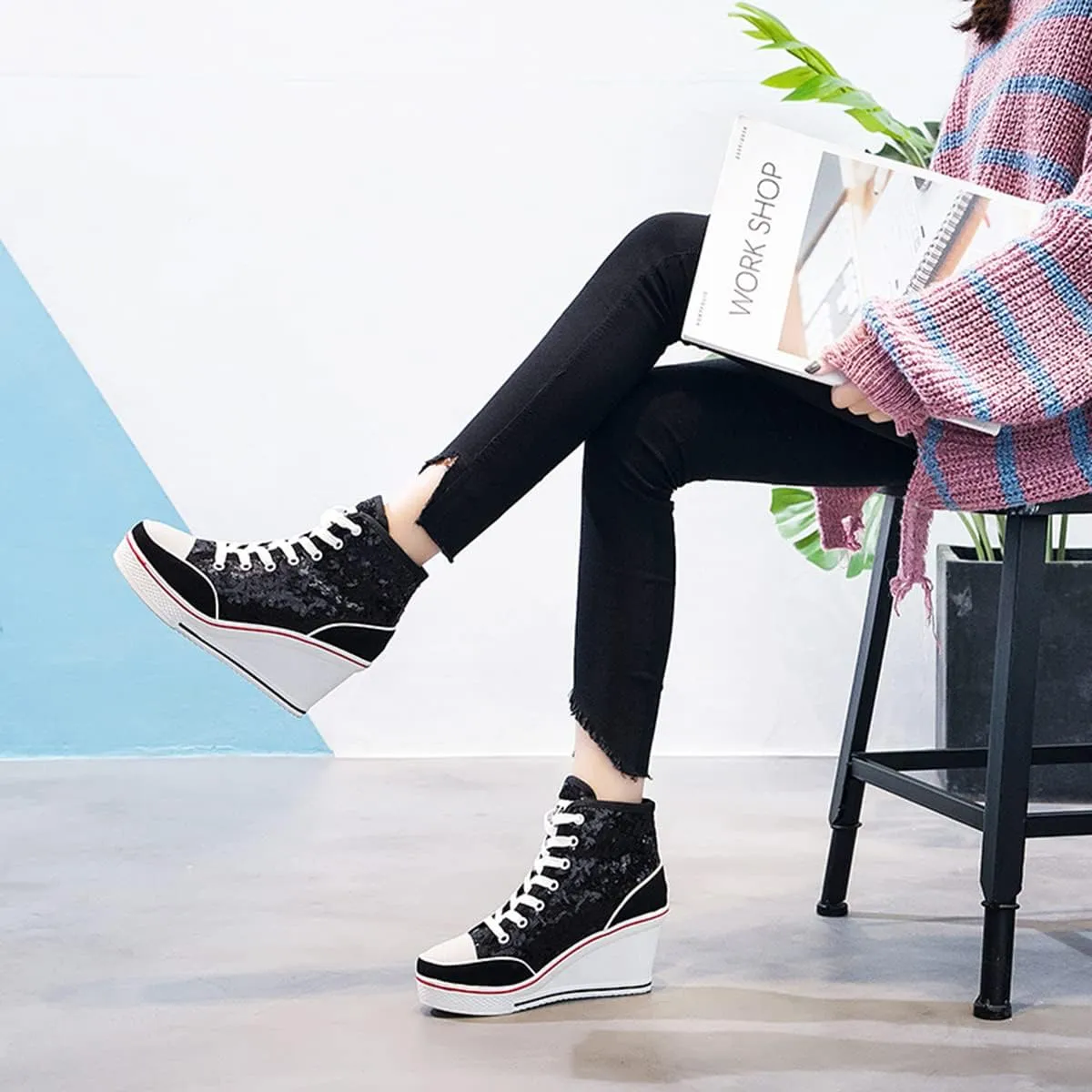Women's Sneaker Shoes High Heel Fashionable Canvas Shoes High Tube Lace Up Wedge Edge Zipper Slope Angle Shoes Size 4-11