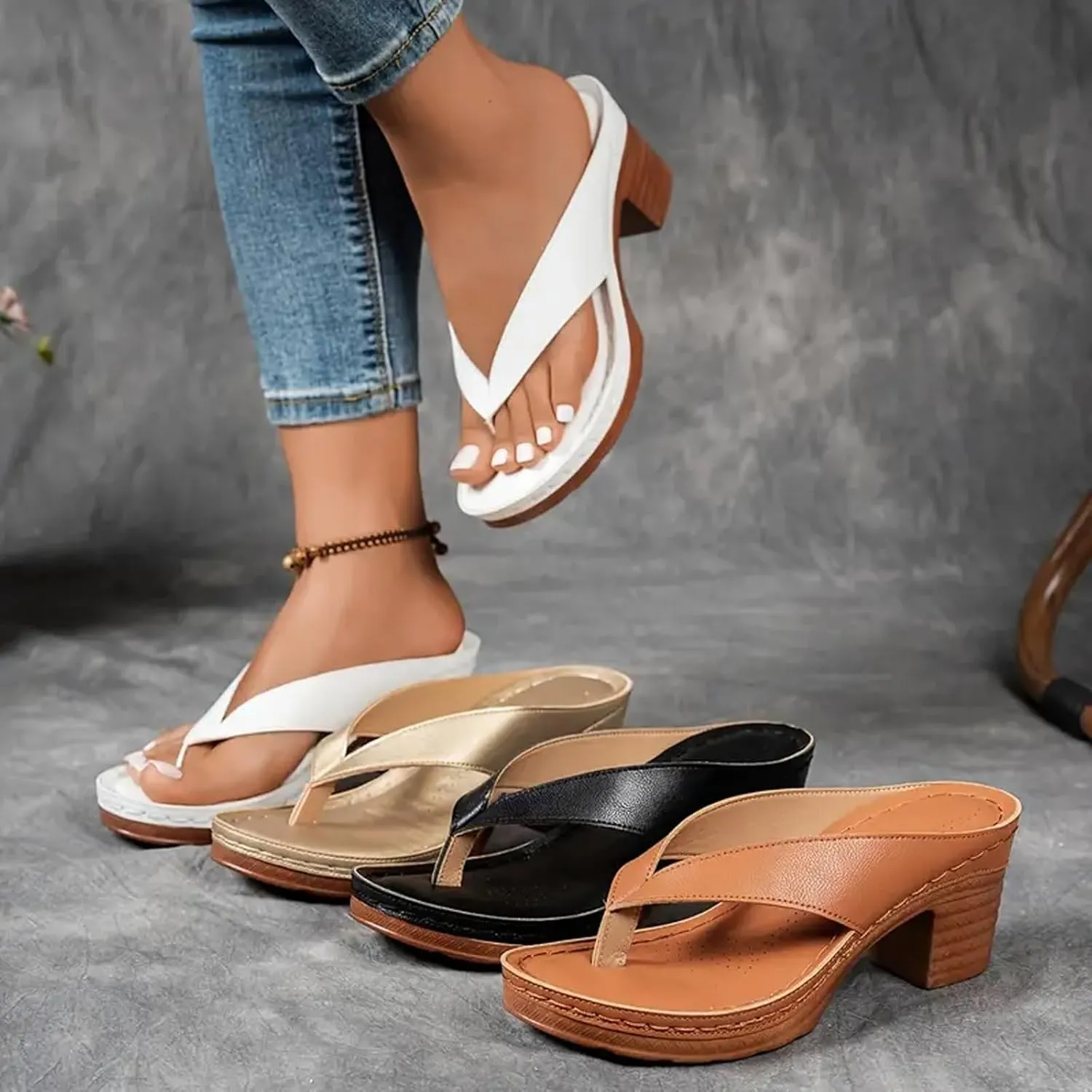 Women's Solid Color Summer Chunky Heel Sandals,Summer Comfortable Open Toe Wedge Flip-Flops Casual Shoes