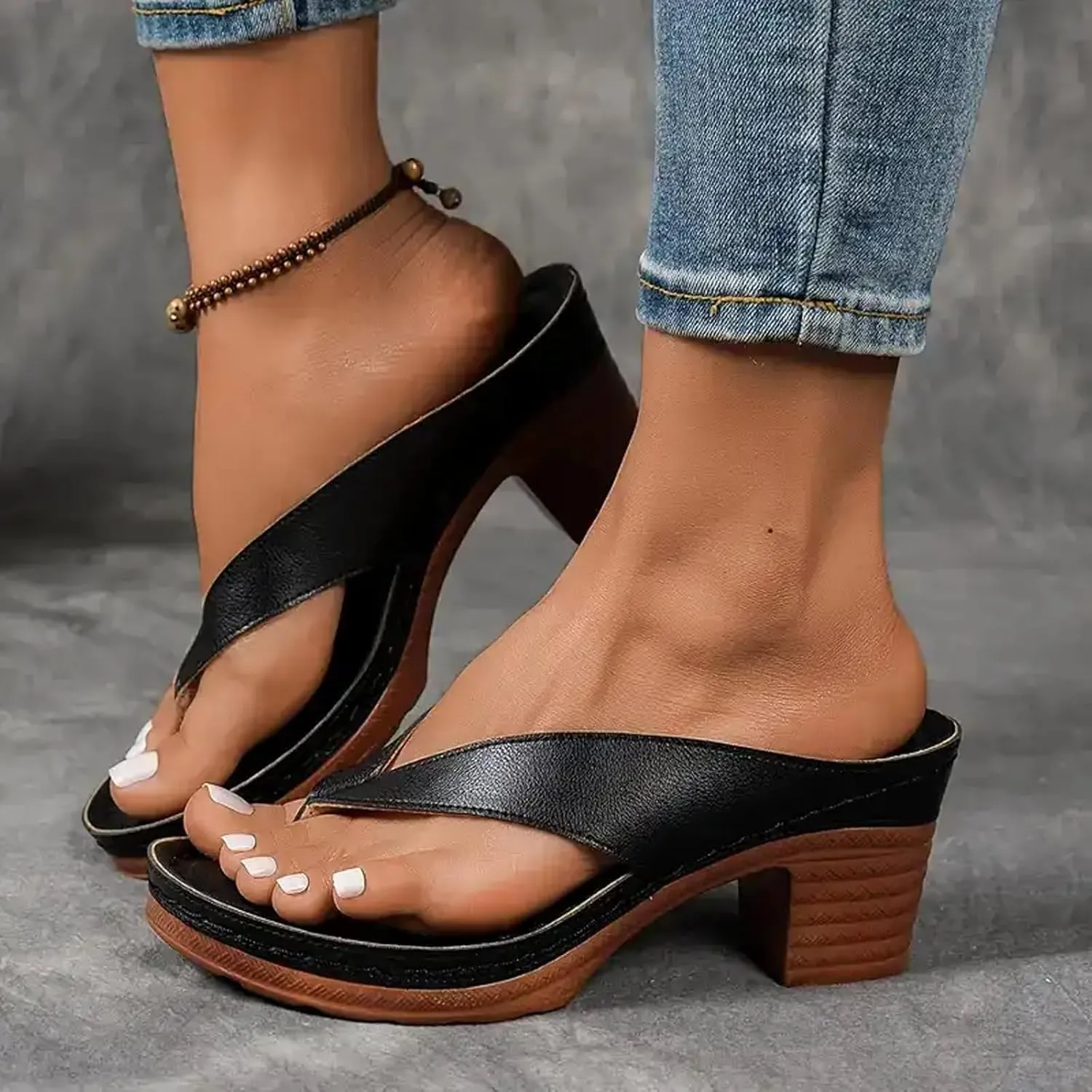 Women's Solid Color Summer Chunky Heel Sandals,Summer Comfortable Open Toe Wedge Flip-Flops Casual Shoes