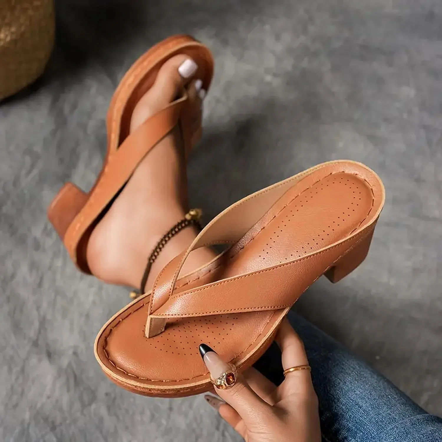 Women's Solid Color Summer Chunky Heel Sandals,Summer Comfortable Open Toe Wedge Flip-Flops Casual Shoes