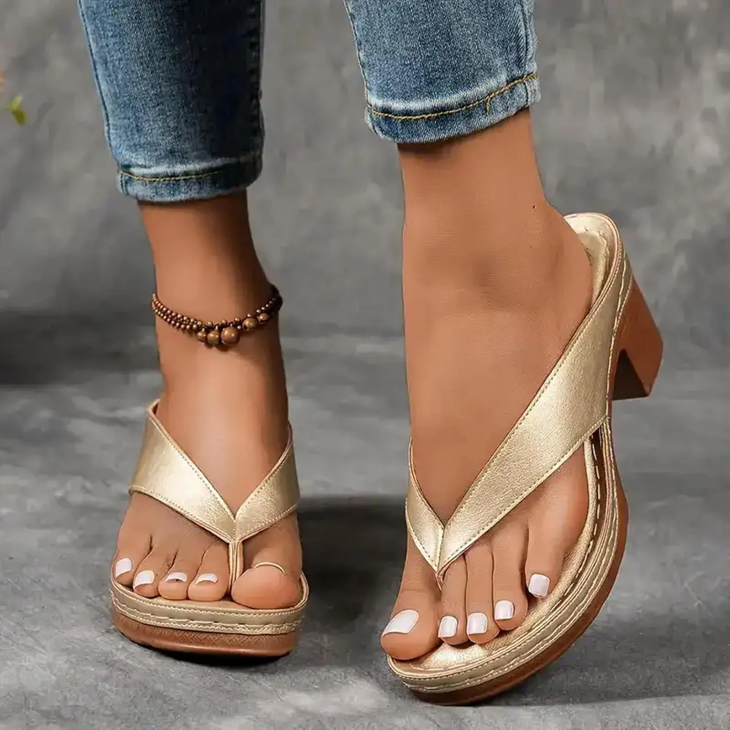 Women's Solid Color Summer Chunky Heel Sandals,Summer Comfortable Open Toe Wedge Flip-Flops Casual Shoes