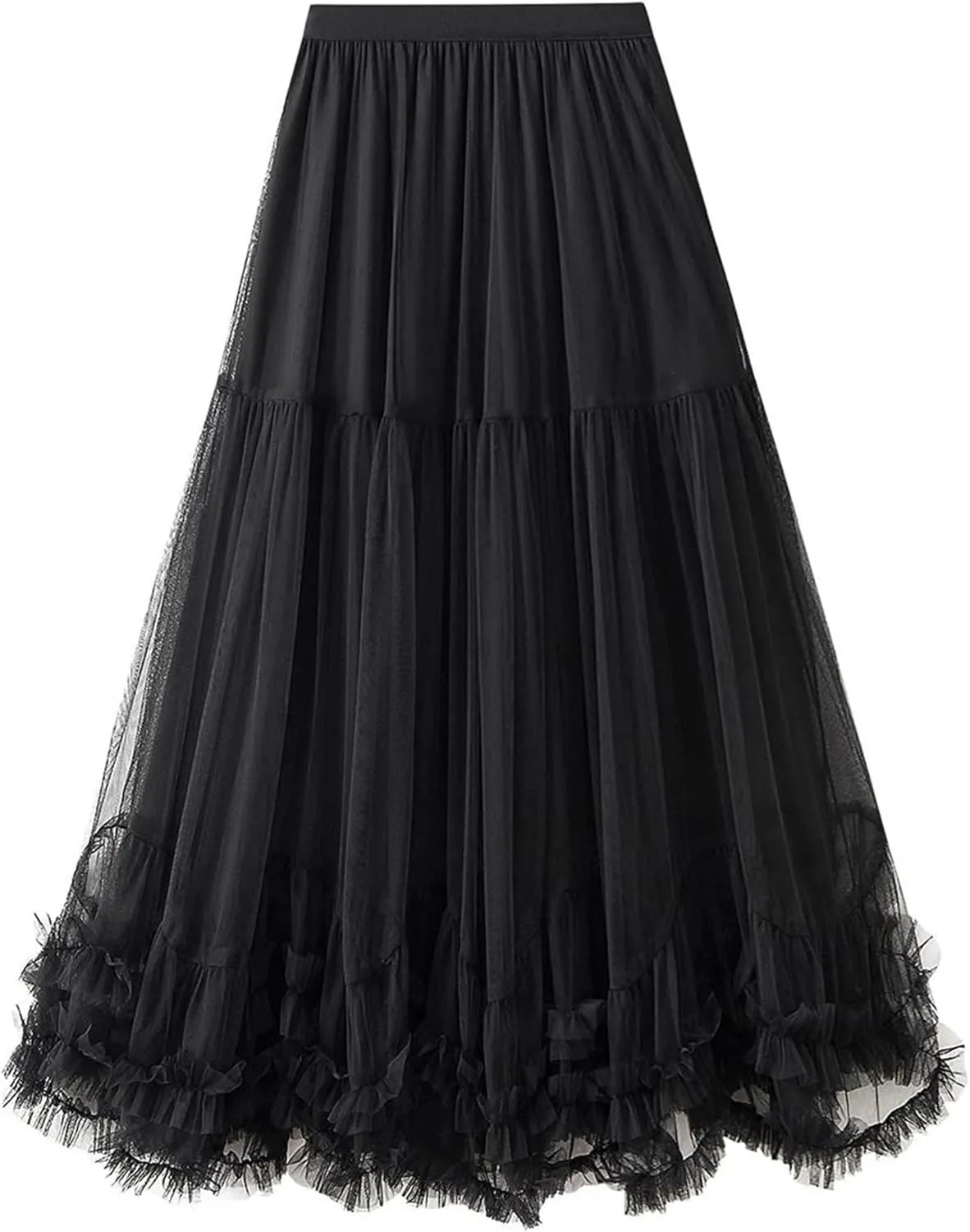 Women’S Solid Mesh Tulle Long Skirts Elastic High Waist Ruffle Hem Fluffy A-Line Midi Skirts