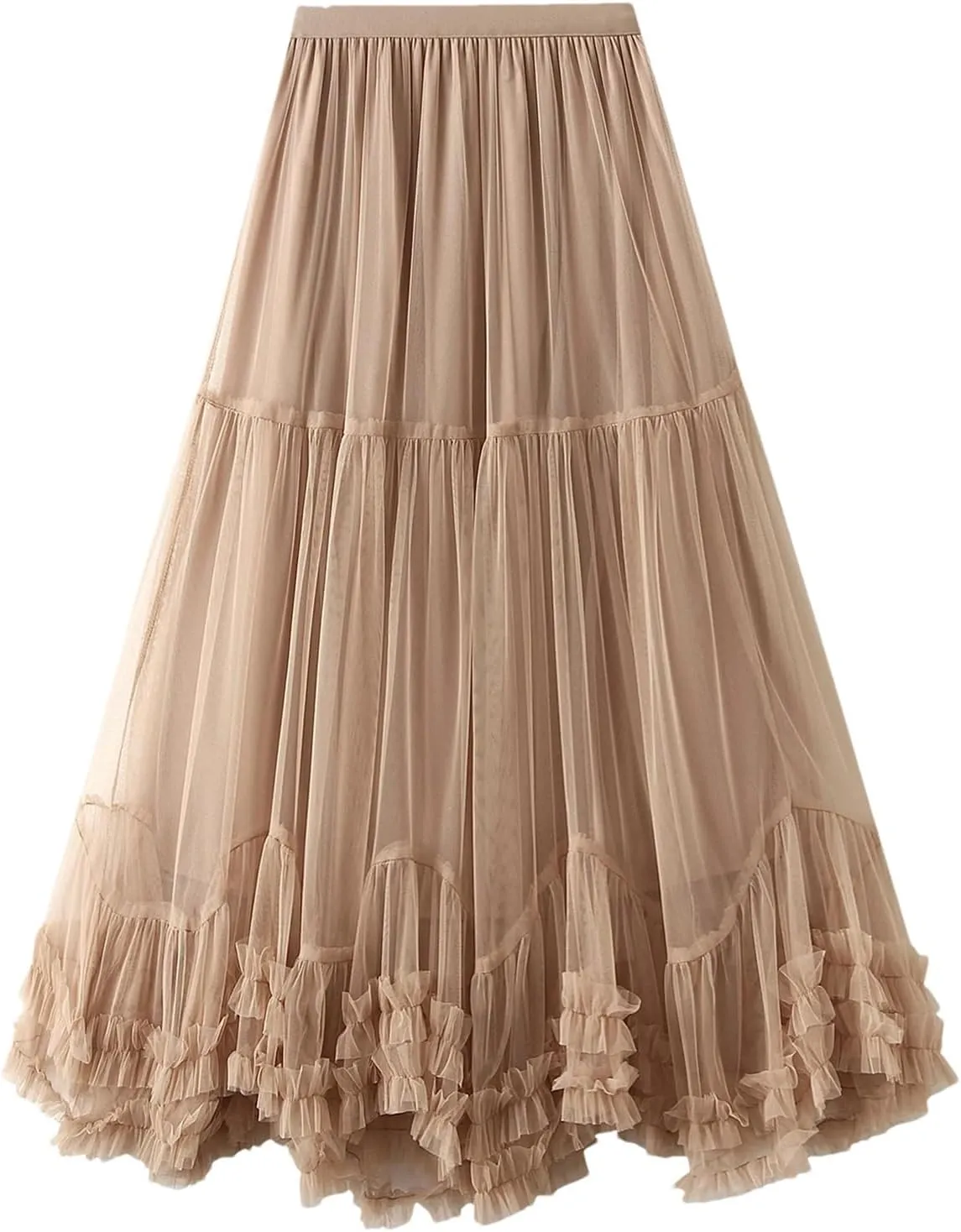 Women’S Solid Mesh Tulle Long Skirts Elastic High Waist Ruffle Hem Fluffy A-Line Midi Skirts