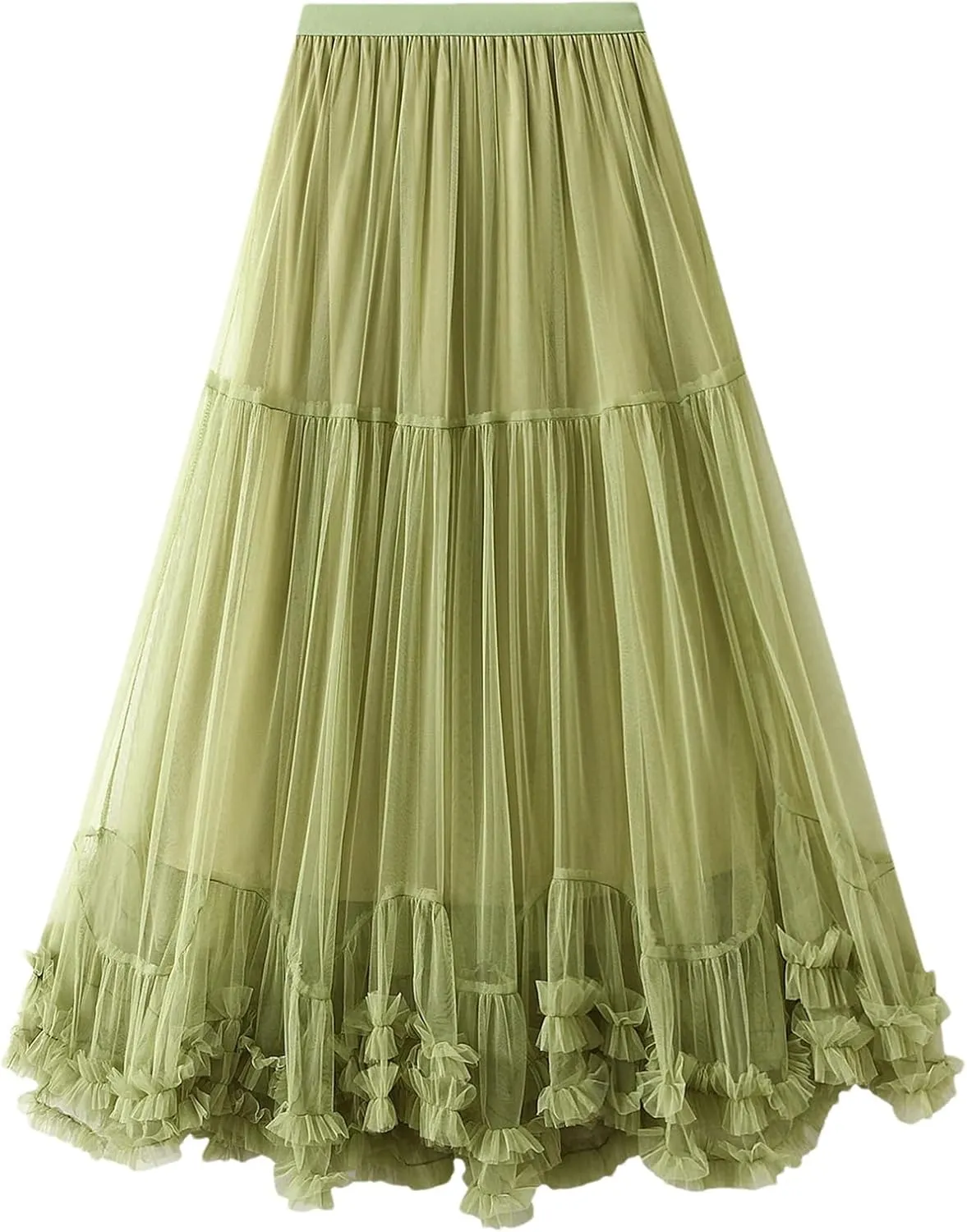 Women’S Solid Mesh Tulle Long Skirts Elastic High Waist Ruffle Hem Fluffy A-Line Midi Skirts