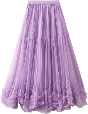 Women’S Solid Mesh Tulle Long Skirts Elastic High Waist Ruffle Hem Fluffy A-Line Midi Skirts