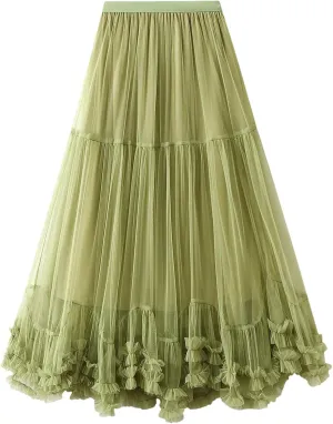 Women’S Solid Mesh Tulle Long Skirts Elastic High Waist Ruffle Hem Fluffy A-Line Midi Skirts