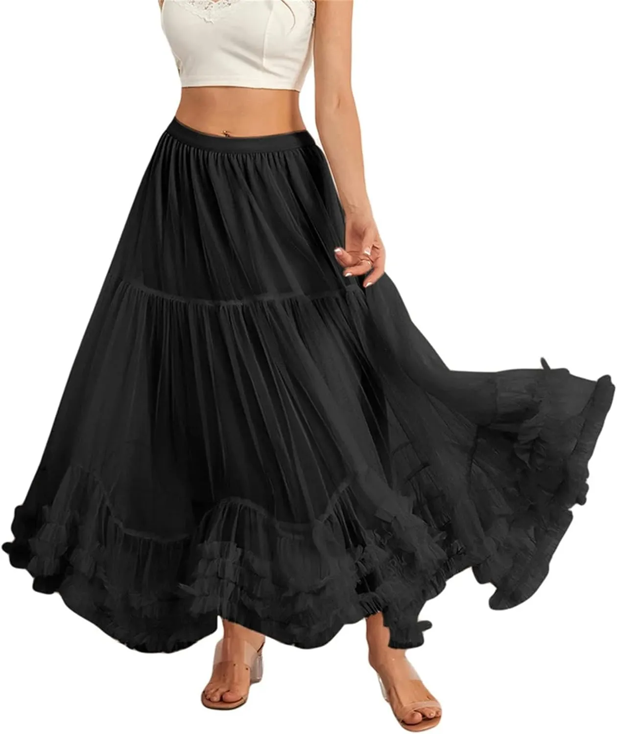 Women’S Solid Mesh Tulle Long Skirts Elastic High Waist Ruffle Hem Fluffy A-Line Midi Skirts