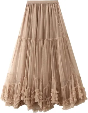 Women’S Solid Mesh Tulle Long Skirts Elastic High Waist Ruffle Hem Fluffy A-Line Midi Skirts