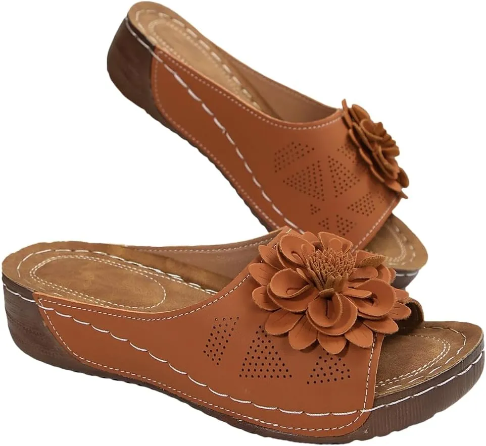 Womens Wedge Sandals 2025 Flower Summer Dressy Flat Open Toe Platform Shoes Casual Boho Slip on Beach Walking Sandals