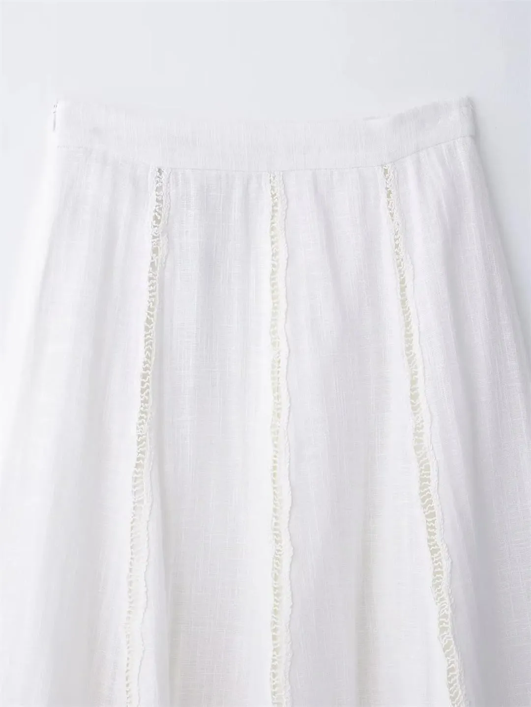 Womens White Hollow Out Skirt Lace Insert and Lace Trim Hem Elastic Waist Casual Skirts