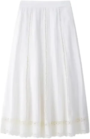 Womens White Hollow Out Skirt Lace Insert and Lace Trim Hem Elastic Waist Casual Skirts