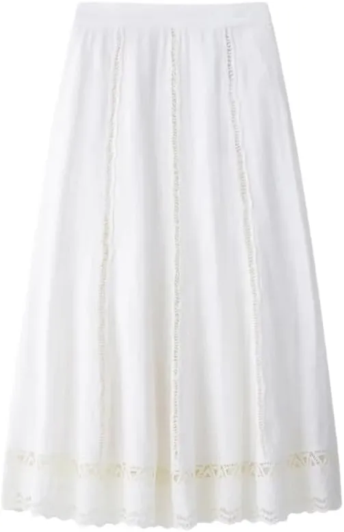 Womens White Hollow Out Skirt Lace Insert and Lace Trim Hem Elastic Waist Casual Skirts