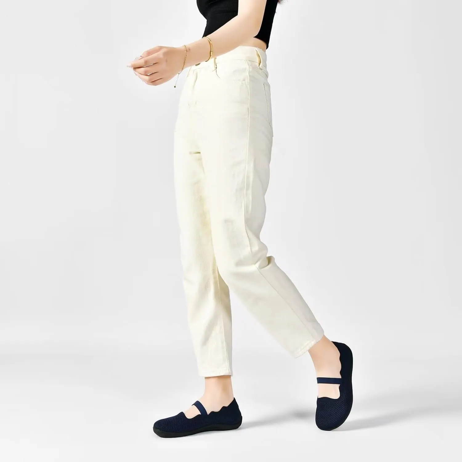 Women's Wide Toe Box Flats Knit Mary Jane Ballet Flats Wide Width Walking Dressy Shoes with Arch Support Comfortable