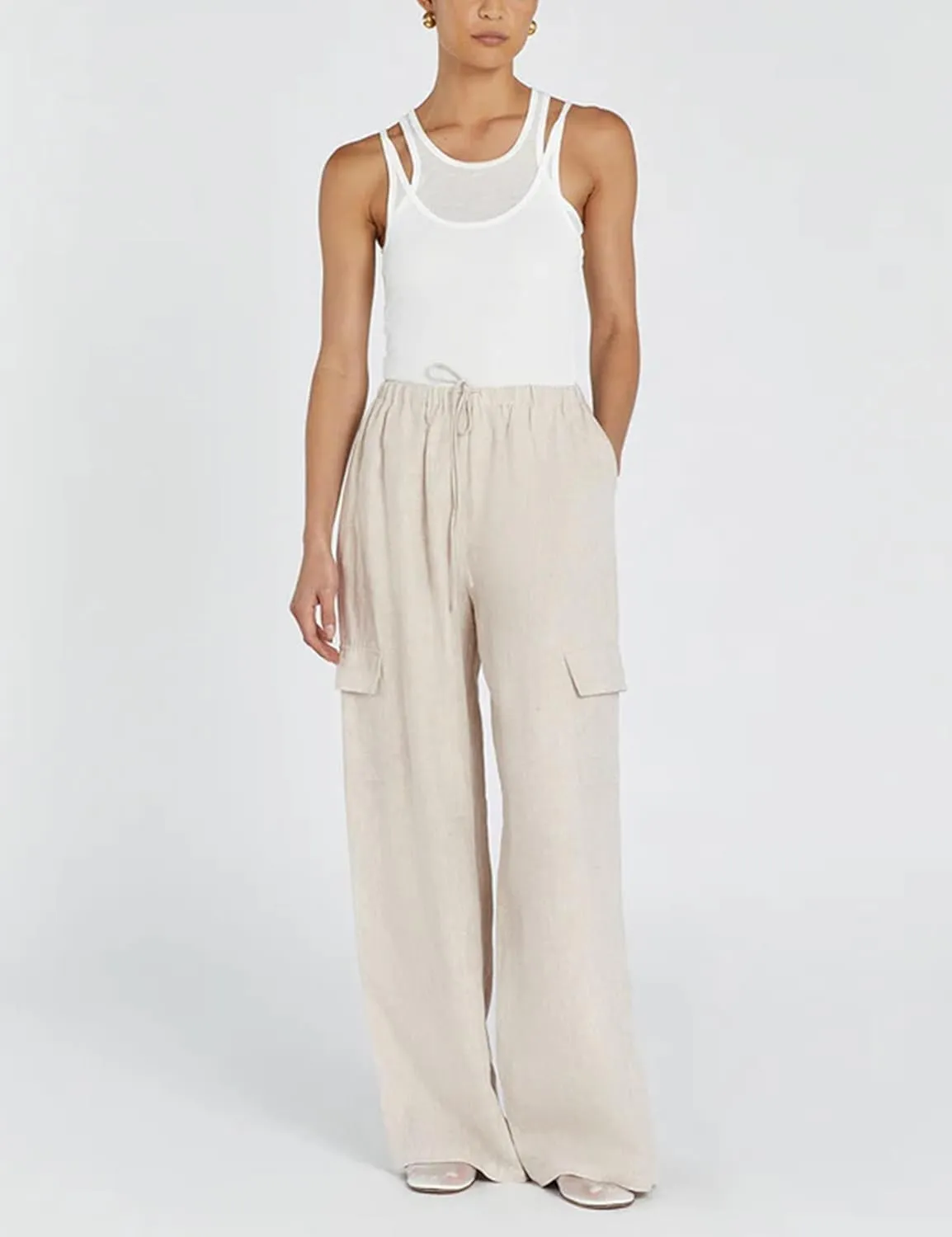 Xiaoxuemeng Womens Cotton Linen Wide Leg Pants Casual Elastic Waisted Cargo Pants with Pockets