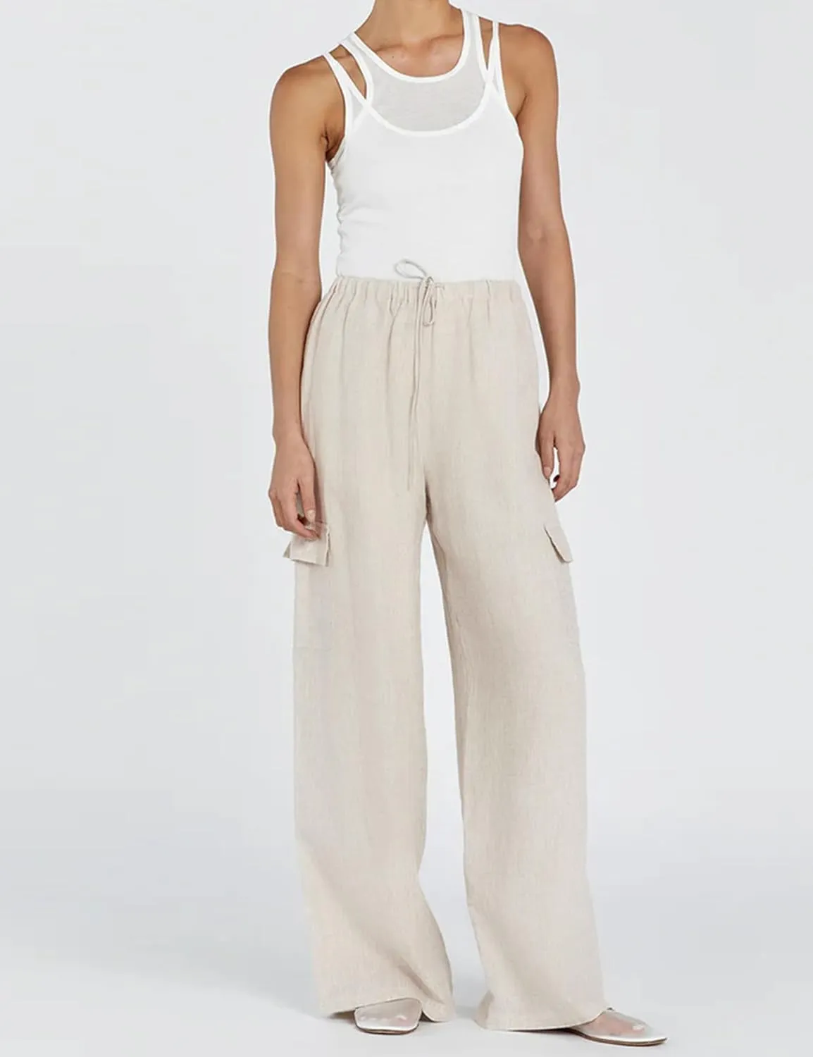 Xiaoxuemeng Womens Cotton Linen Wide Leg Pants Casual Elastic Waisted Cargo Pants with Pockets
