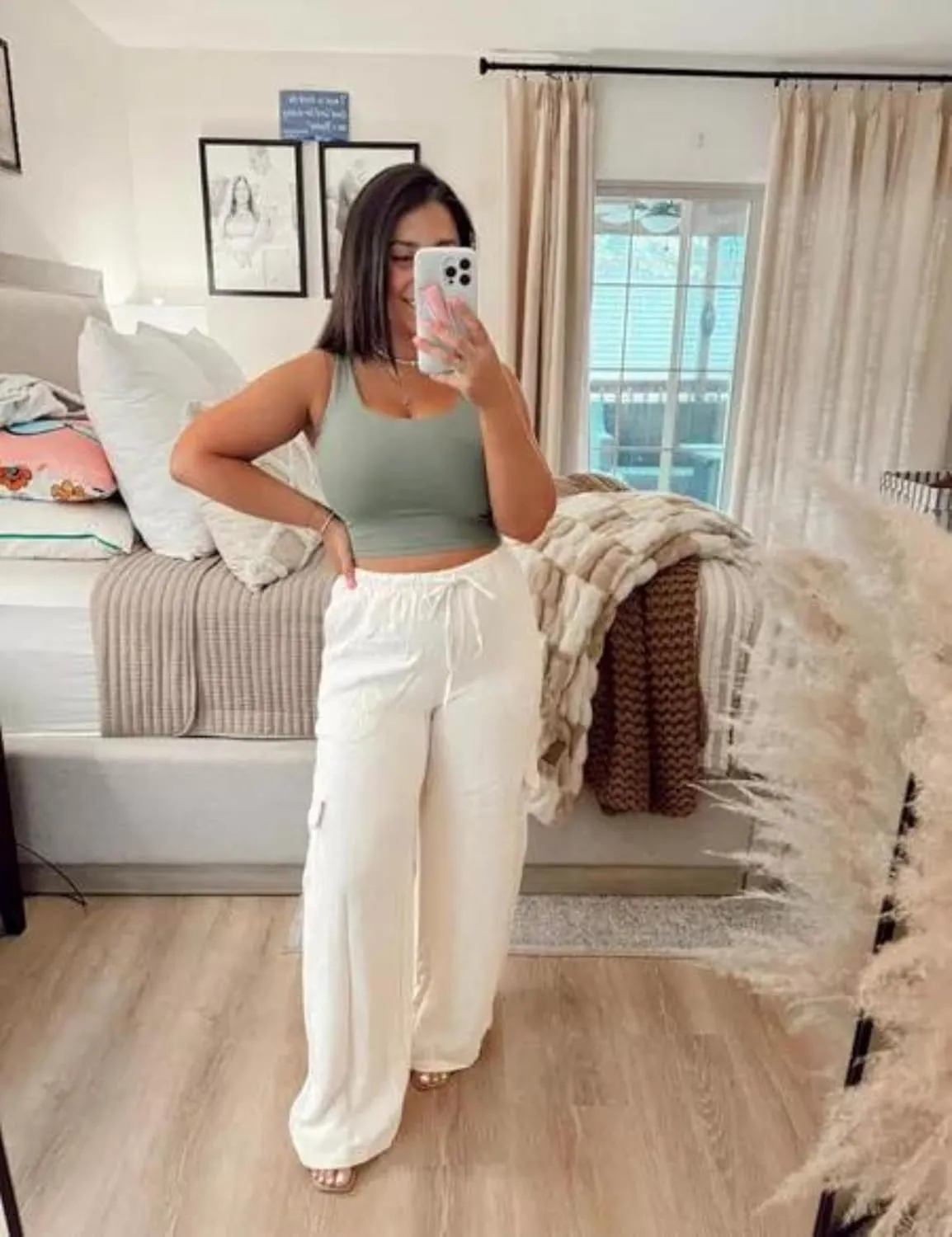 Xiaoxuemeng Womens Cotton Linen Wide Leg Pants Casual Elastic Waisted Cargo Pants with Pockets