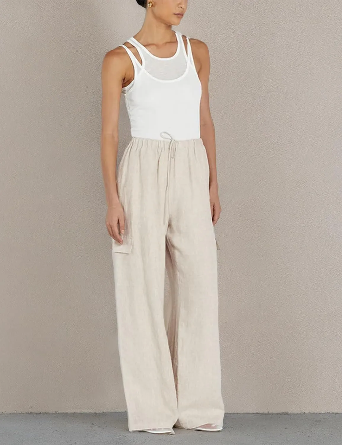 Xiaoxuemeng Womens Cotton Linen Wide Leg Pants Casual Elastic Waisted Cargo Pants with Pockets