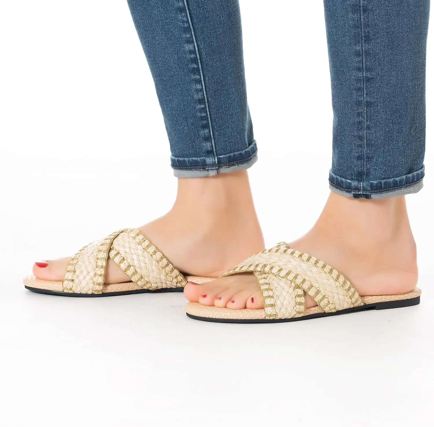 YANWENFANG Women's Flat Sandals Braided Bohemian Strap Dressy Summer Beach Black Brown Comfortable Casual Slip On