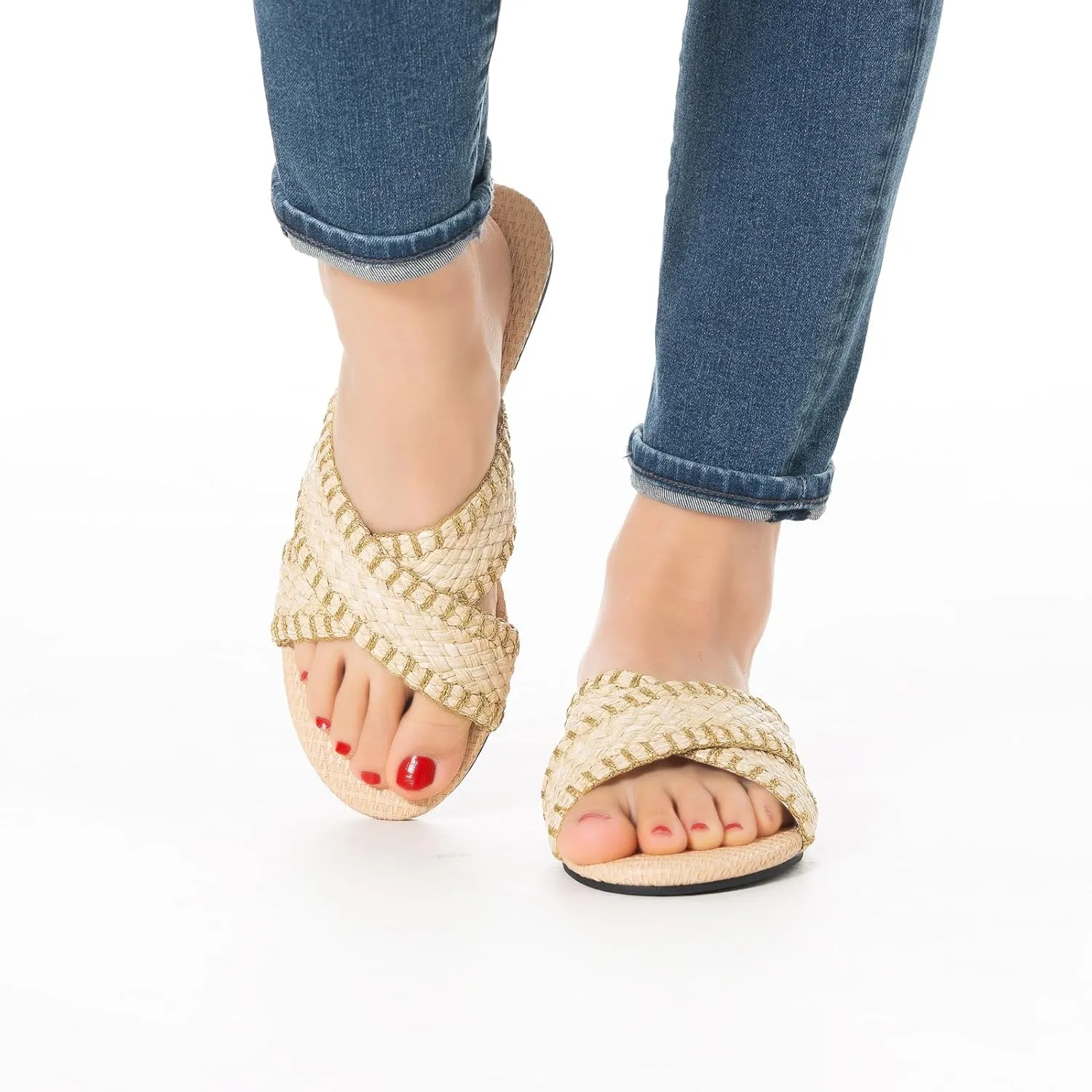 YANWENFANG Women's Flat Sandals Braided Bohemian Strap Dressy Summer Beach Black Brown Comfortable Casual Slip On
