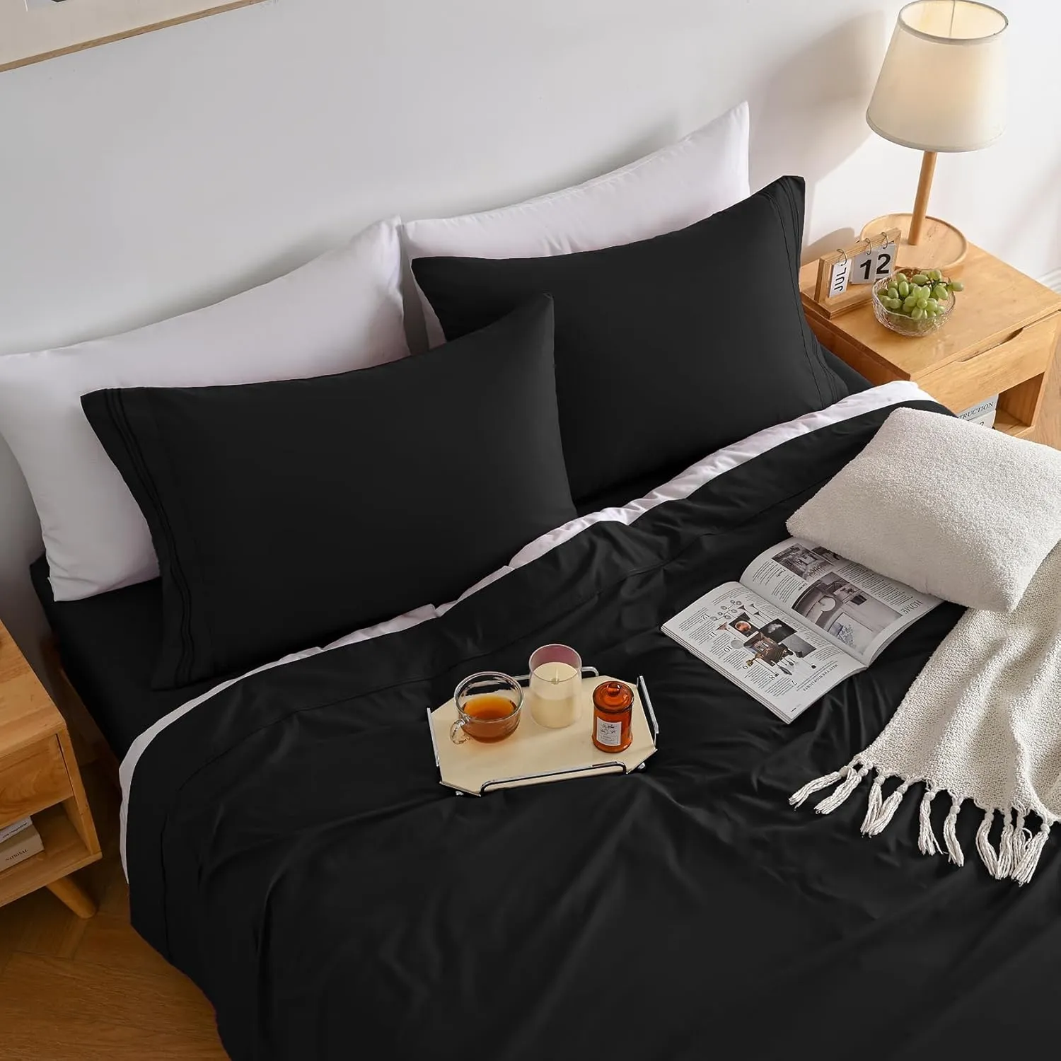 Yibeizi Black Sheet Set Twin Size, Kids Bedsheets Microfiber Deep Pocket Cute Bed Sheet & Pillowcase Sets 3 Pieces