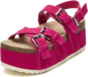 Yishaweiqi Women's Suede Strappy Platform Sandals Comfortable Cork Footbed Flatform Sandals Adjustable Buckle Straps Flat Clogs Wedge Sandals