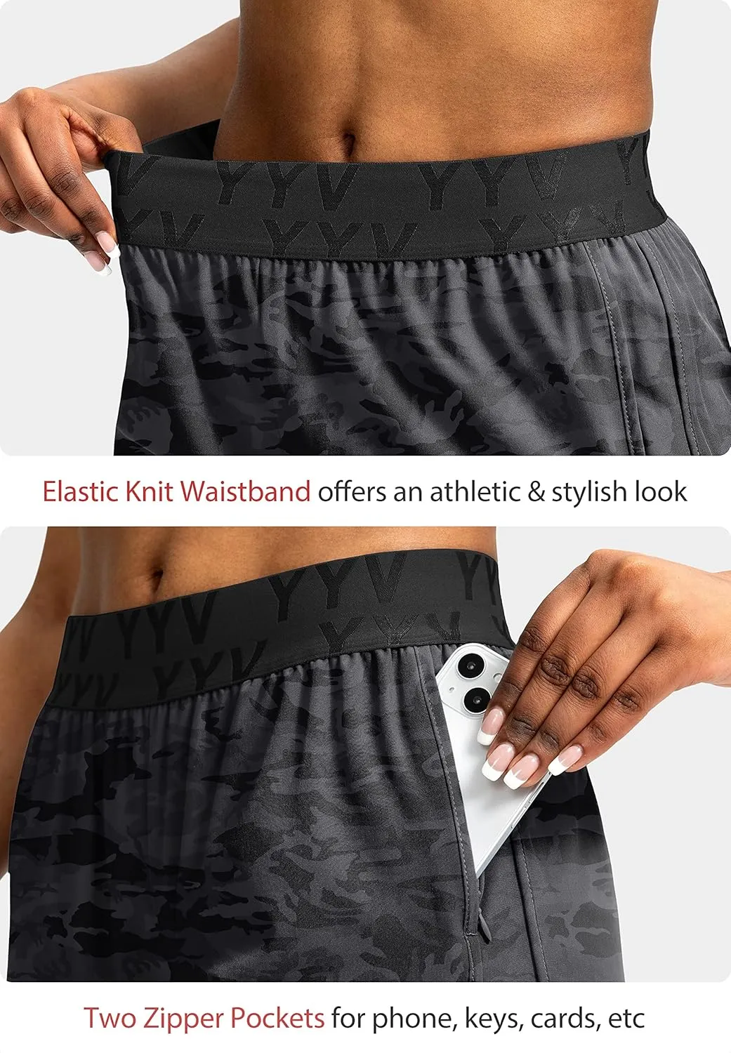 YYV Women's Running Shorts with Zipper Pockets Quick-Dry Elastic Waist Band Athletic Gym Shorts for Women with Liner