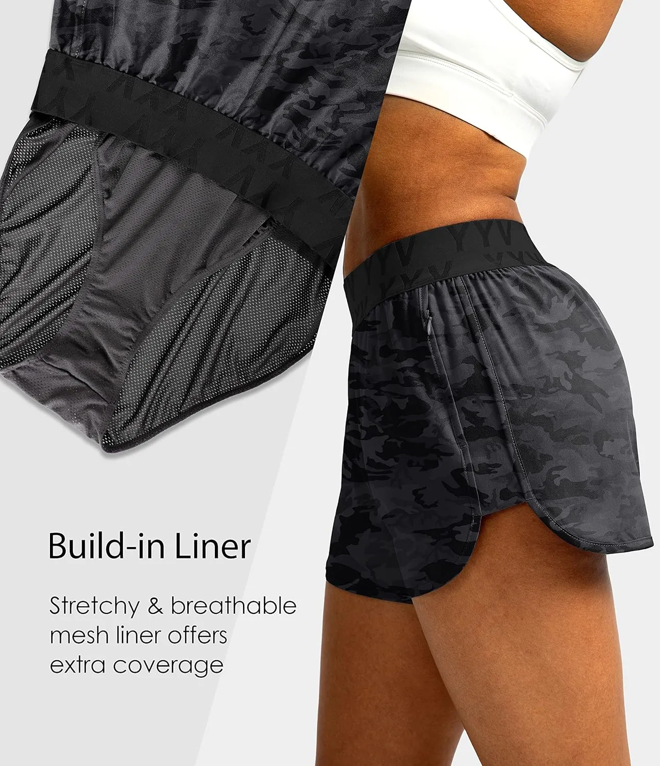 YYV Women's Running Shorts with Zipper Pockets Quick-Dry Elastic Waist Band Athletic Gym Shorts for Women with Liner