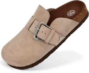 YZ Women's Leather Clogs Mules Adjustable Buckle Slip on Cork Footbed Home Clog Slippers with Arch Support