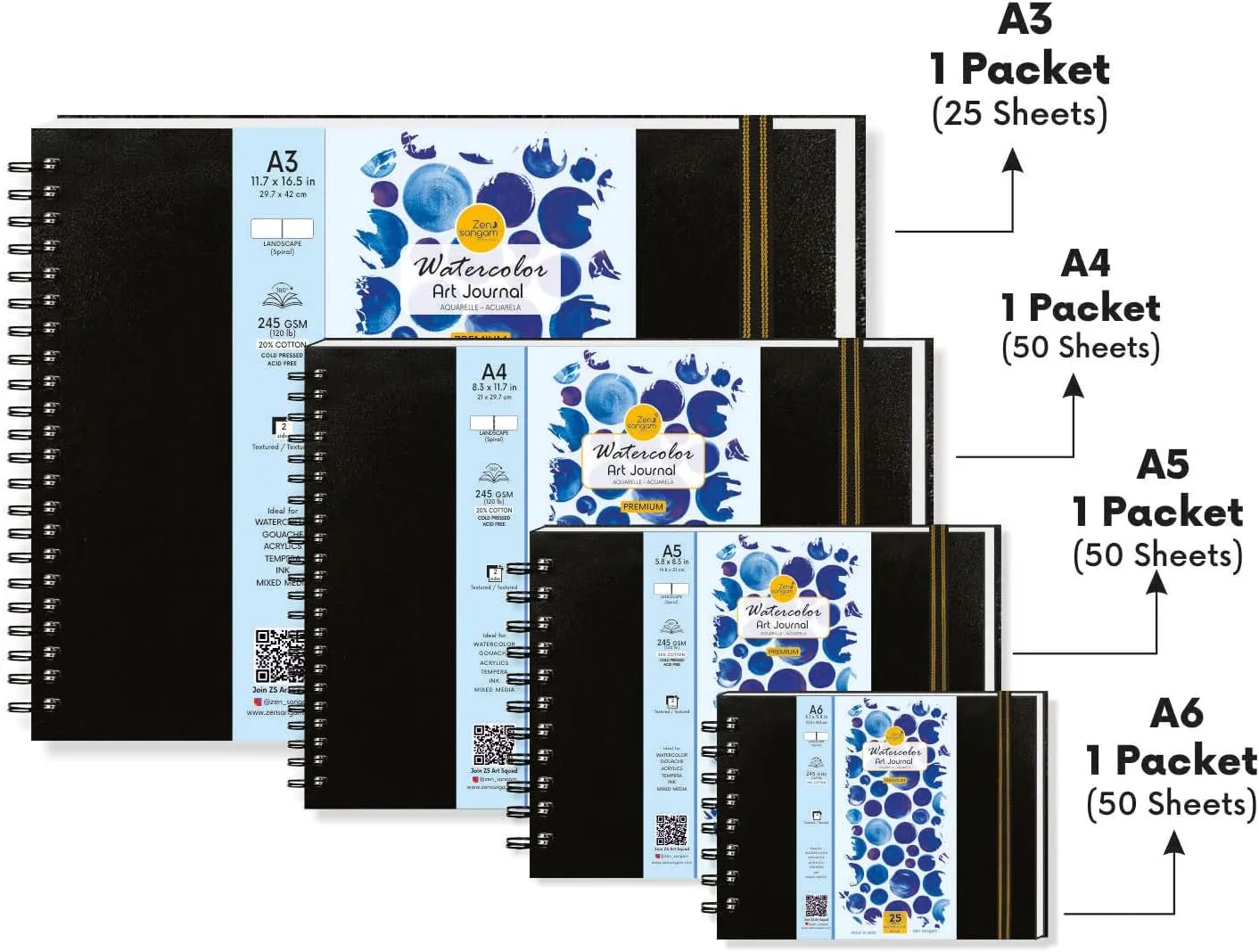 Zen Sangam A3 Artists' Watercolor Wiro Journal - 25 Sheets(50 Pages) - 245GSM 20% Cotton Cold Pressed Watercolour Paper - Spiral Watercolor Book (Landscape)