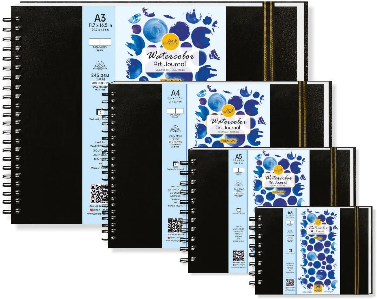Zen Sangam A3 Artists' Watercolor Wiro Journal - 25 Sheets(50 Pages) - 245GSM 20% Cotton Cold Pressed Watercolour Paper - Spiral Watercolor Book (Landscape)