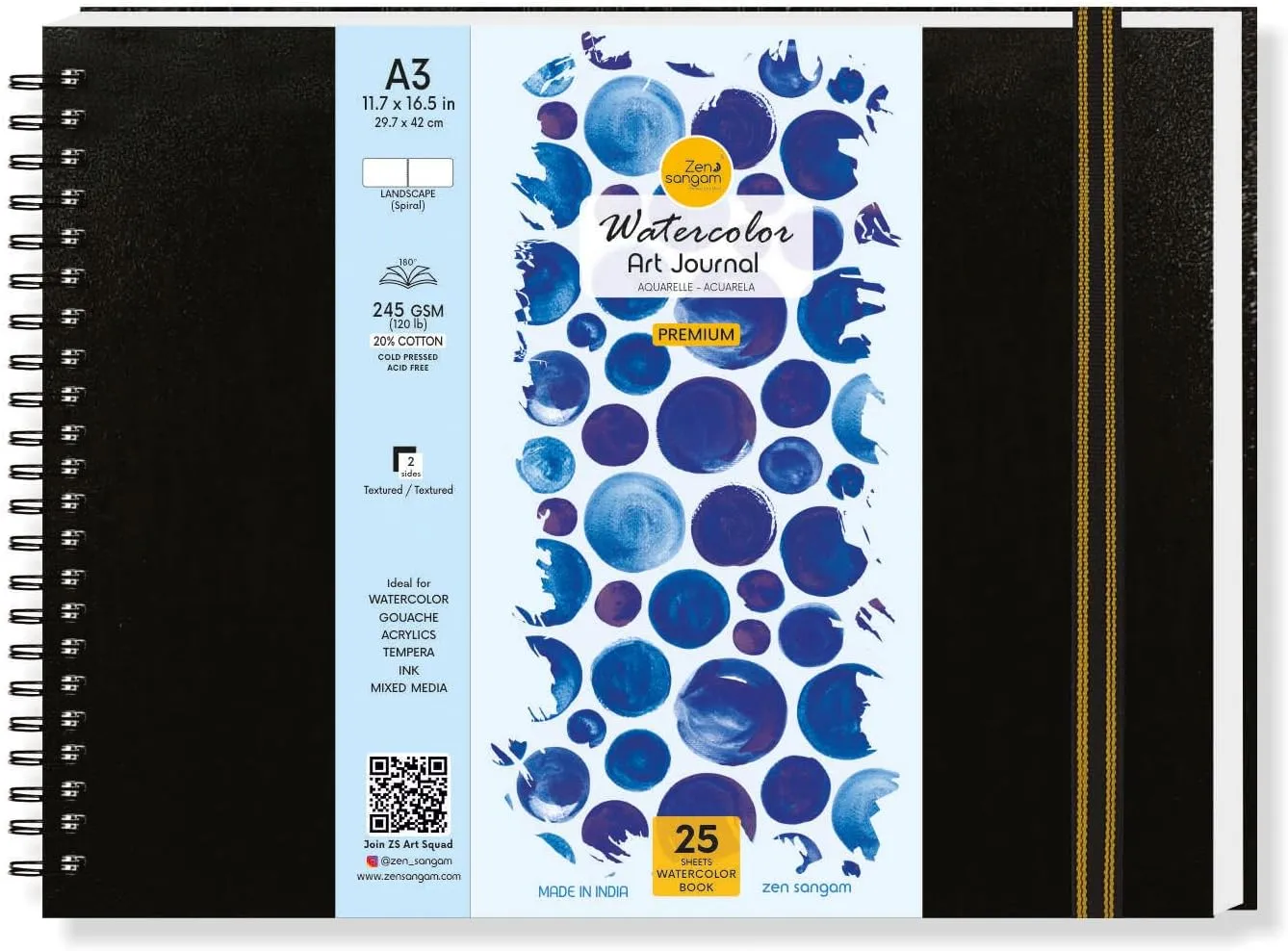 Zen Sangam A3 Artists' Watercolor Wiro Journal - 25 Sheets(50 Pages) - 245GSM 20% Cotton Cold Pressed Watercolour Paper - Spiral Watercolor Book (Landscape)