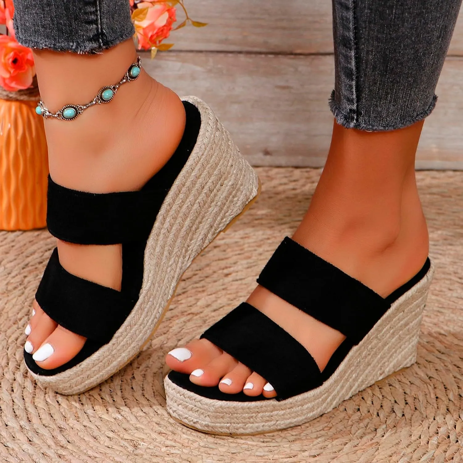 ZSpzx 2025 Espadrille Wedge Sandals for Women Comfortable Casual Summer Women's Platform Two Strappy Open Toe Low Wedges Heels Walking Beach Sandal Recovery Mules Ladies Shoes for Daily Wear