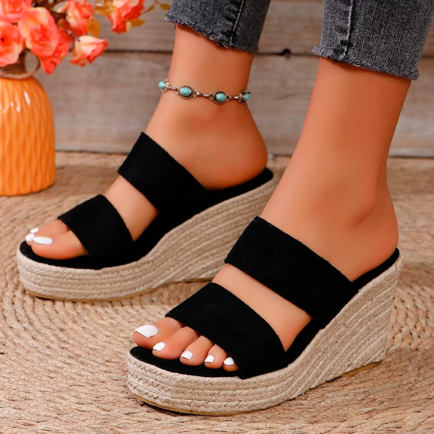 ZSpzx 2025 Espadrille Wedge Sandals for Women Comfortable Casual Summer Women's Platform Two Strappy Open Toe Low Wedges Heels Walking Beach Sandal Recovery Mules Ladies Shoes for Daily Wear