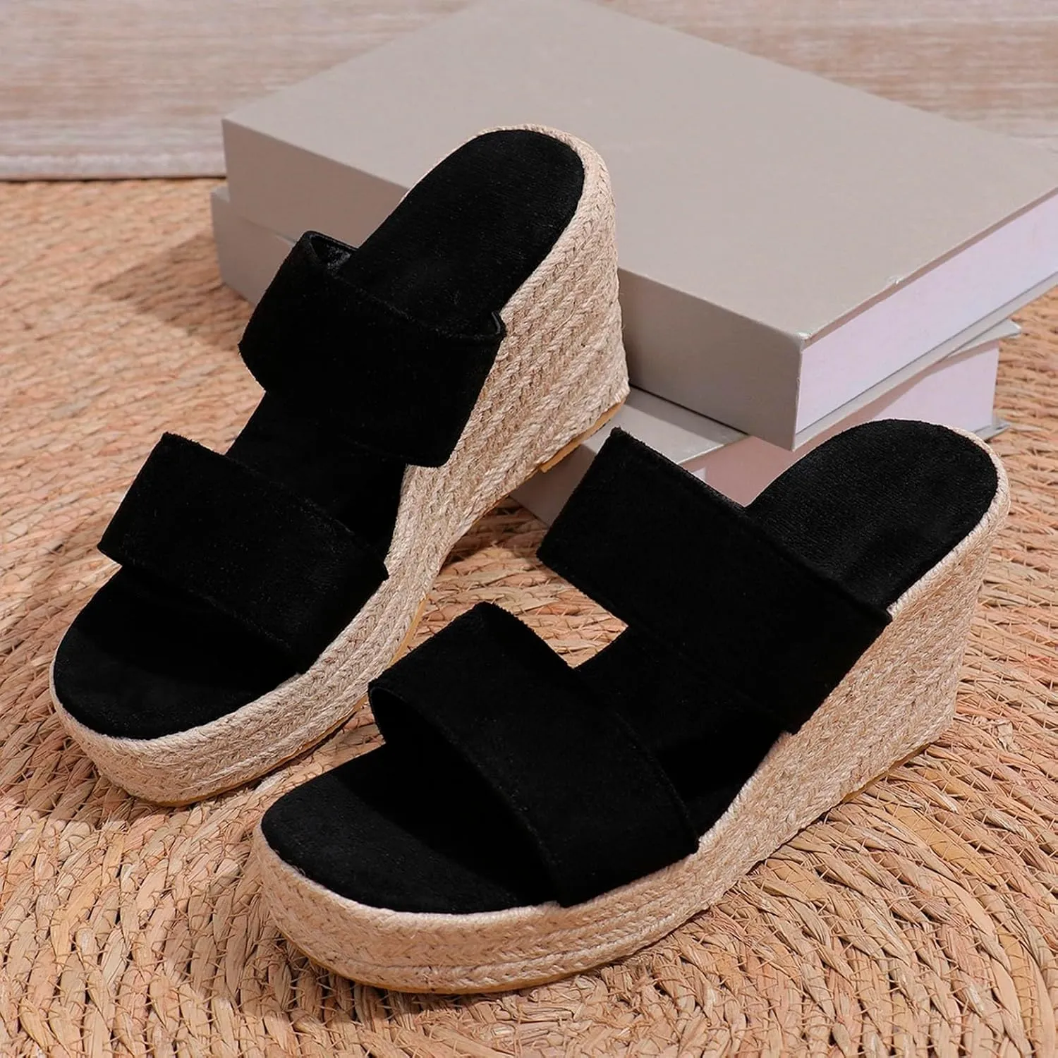ZSpzx 2025 Espadrille Wedge Sandals for Women Comfortable Casual Summer Women's Platform Two Strappy Open Toe Low Wedges Heels Walking Beach Sandal Recovery Mules Ladies Shoes for Daily Wear