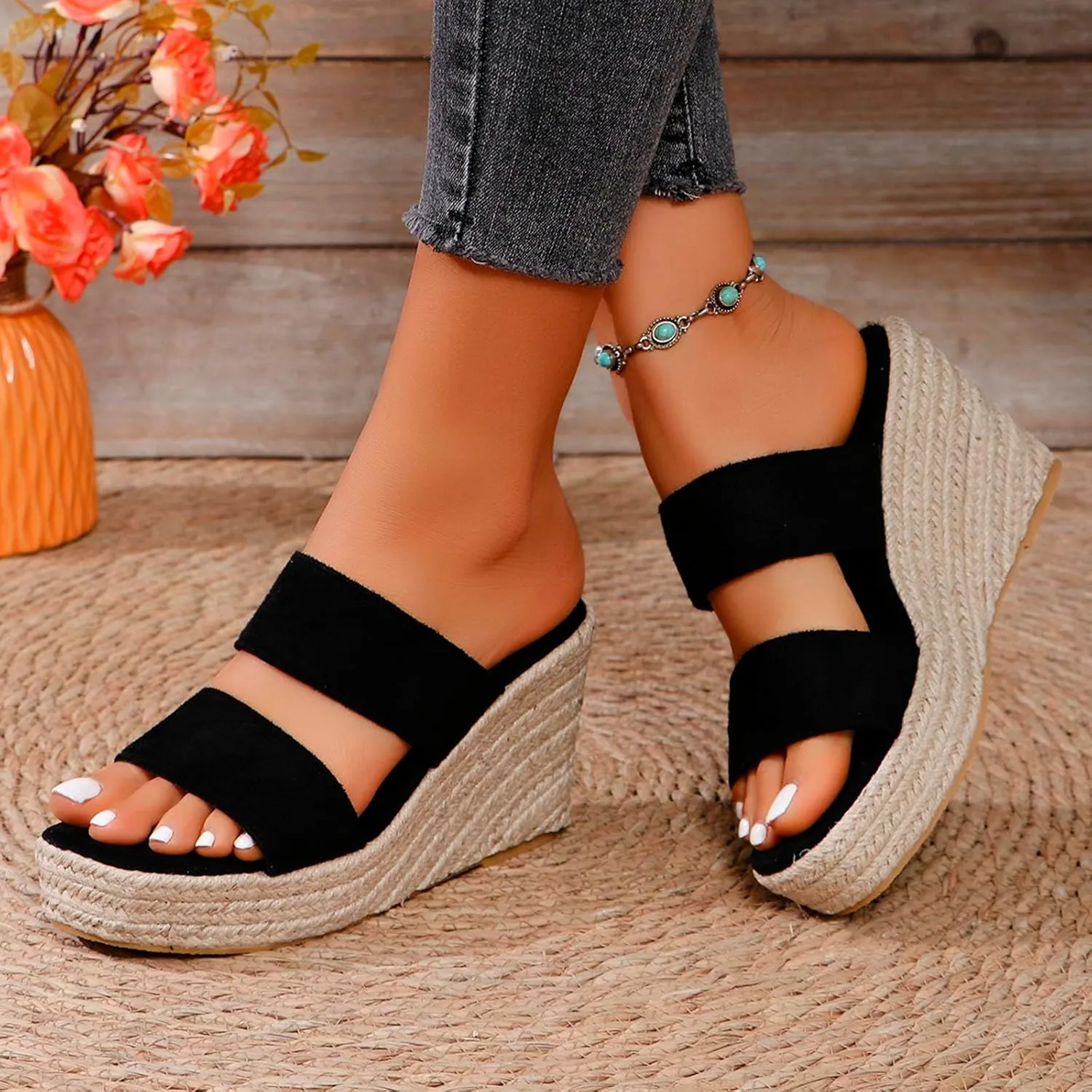 ZSpzx 2025 Espadrille Wedge Sandals for Women Comfortable Casual Summer Women's Platform Two Strappy Open Toe Low Wedges Heels Walking Beach Sandal Recovery Mules Ladies Shoes for Daily Wear
