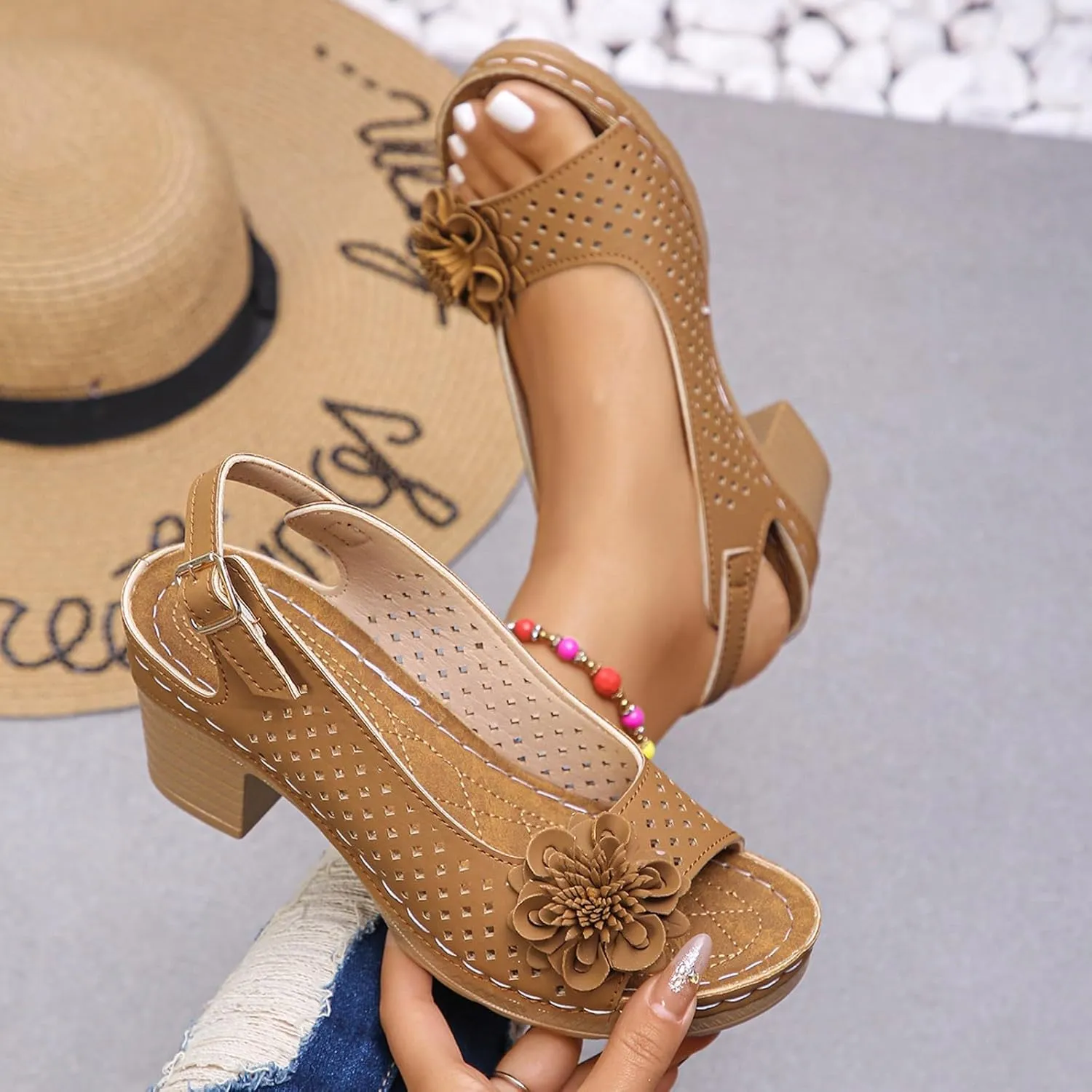 ZSpzx Women's Block Heel Sandals 2025 Comfortable Dressy Ladies Peep Toe Flowers Comfortable Hollow Out Slingback Sandals Chunky Cut-Out Leather Dressy Adjustable Strappy Shoes for Daily Wear