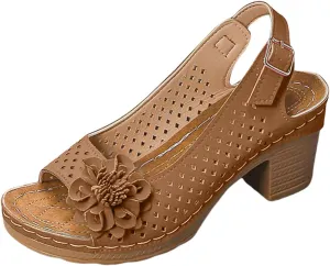 ZSpzx Women's Block Heel Sandals 2025 Comfortable Dressy Ladies Peep Toe Flowers Comfortable Hollow Out Slingback Sandals Chunky Cut-Out Leather Dressy Adjustable Strappy Shoes for Daily Wear