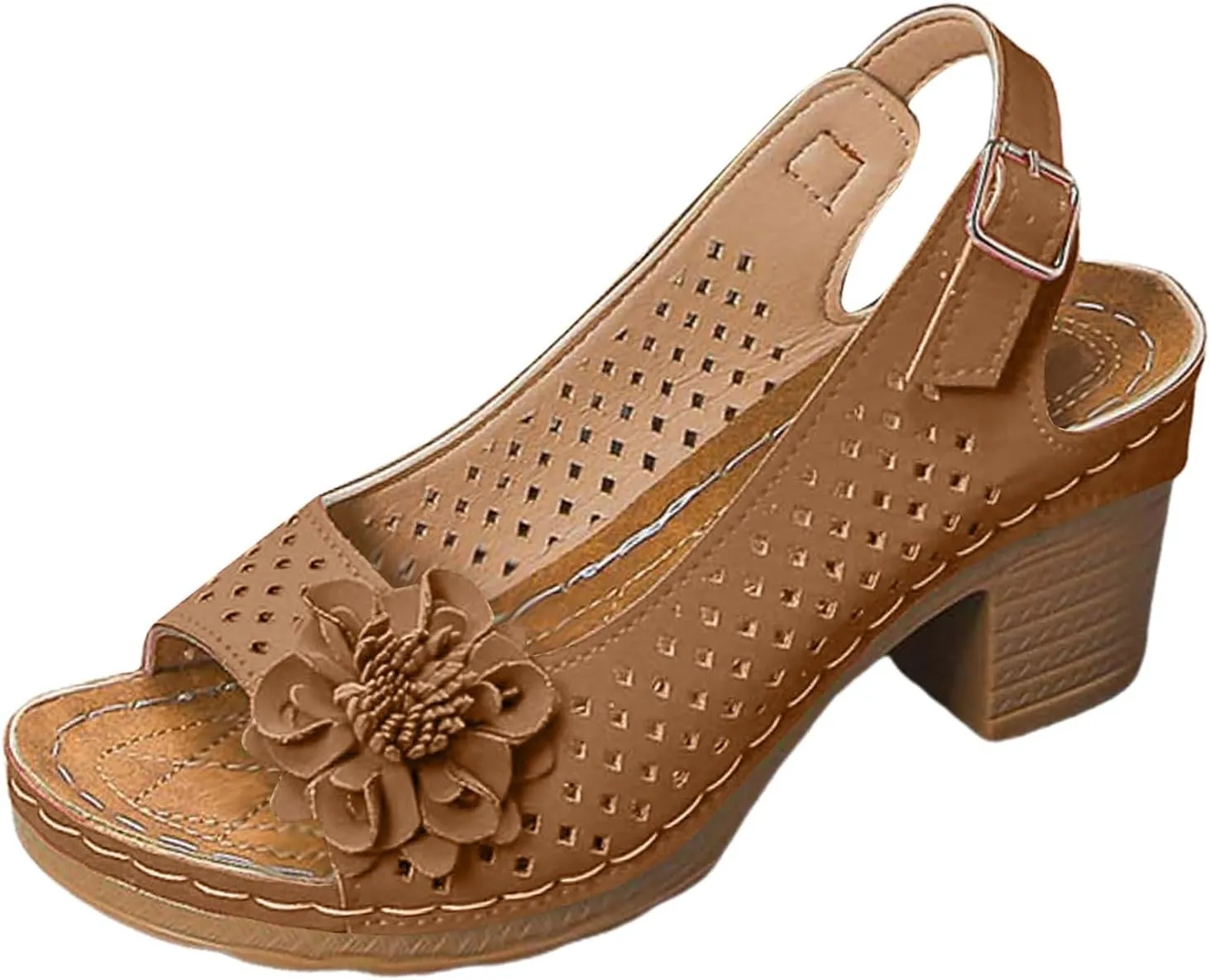 ZSpzx Women's Block Heel Sandals 2025 Comfortable Dressy Ladies Peep Toe Flowers Comfortable Hollow Out Slingback Sandals Chunky Cut-Out Leather Dressy Adjustable Strappy Shoes for Daily Wear
