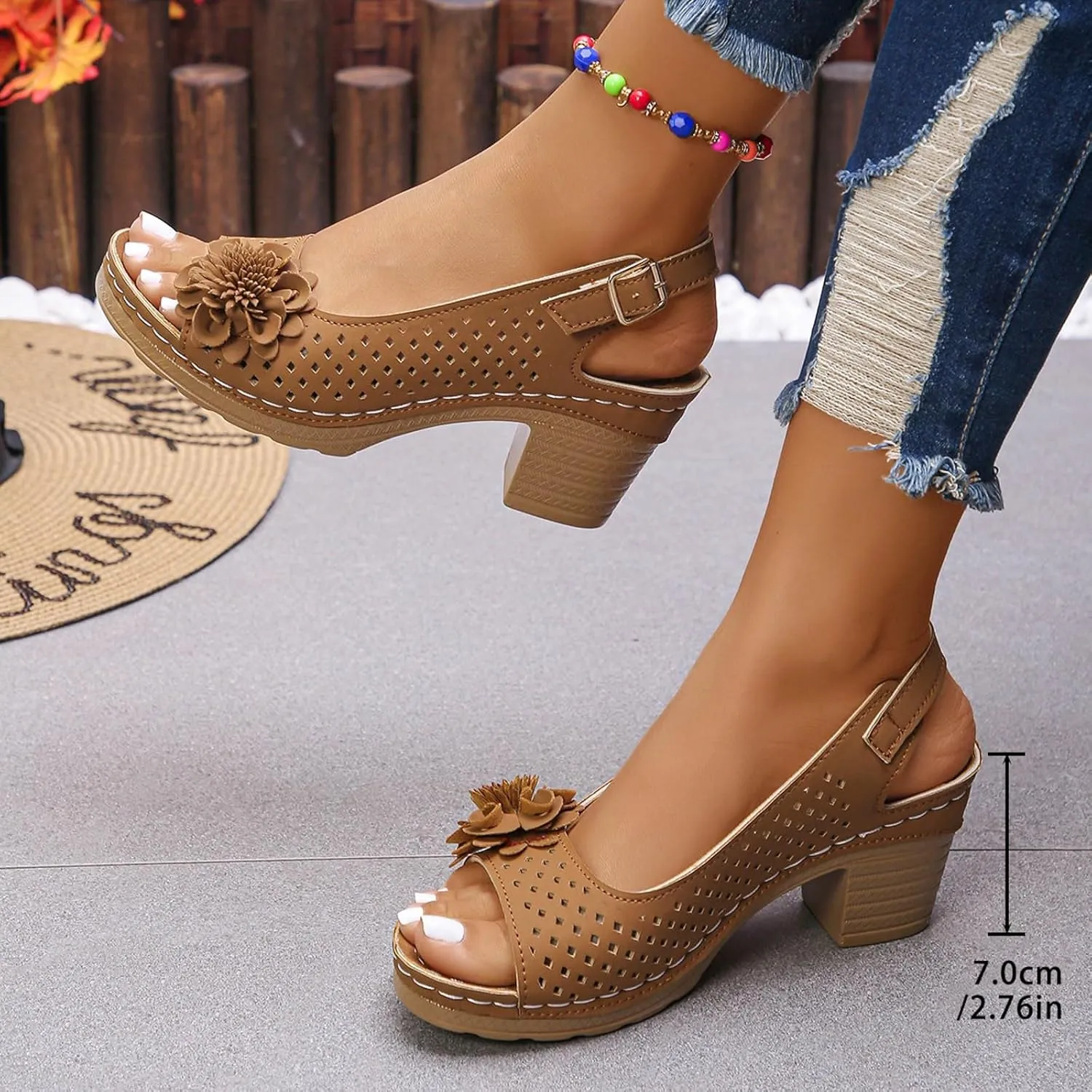 ZSpzx Women's Block Heel Sandals 2025 Comfortable Dressy Ladies Peep Toe Flowers Comfortable Hollow Out Slingback Sandals Chunky Cut-Out Leather Dressy Adjustable Strappy Shoes for Daily Wear