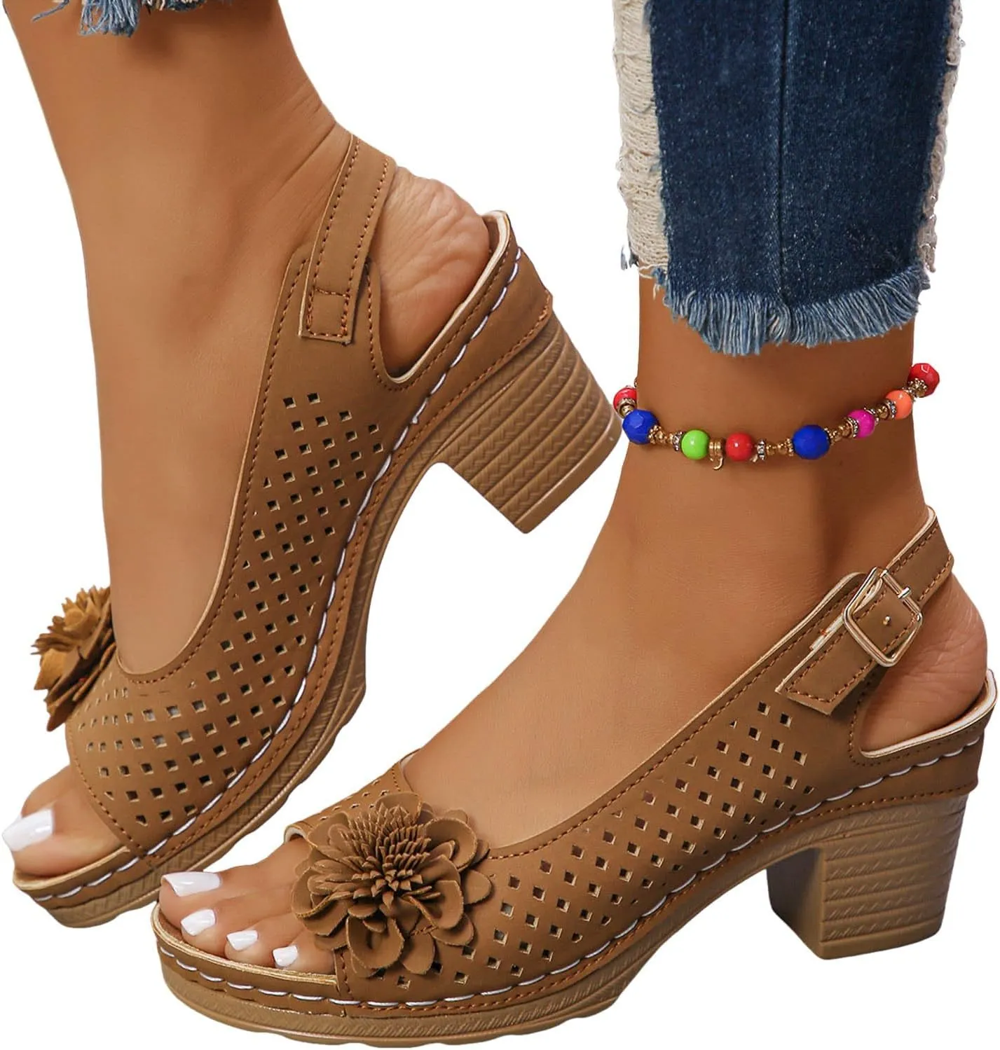 ZSpzx Women's Block Heel Sandals 2025 Comfortable Dressy Ladies Peep Toe Flowers Comfortable Hollow Out Slingback Sandals Chunky Cut-Out Leather Dressy Adjustable Strappy Shoes for Daily Wear