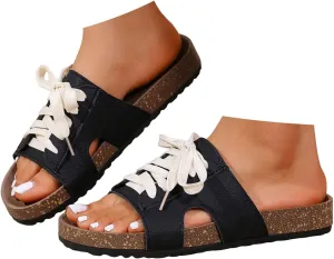 ZSpzx Women's Slide Sandals Summer Lace Up Strap Peep Toe Slip On Hollow Corked Footbed Sandal Non-Slip Cushioned Slides Ladies Comfortable Casual Shoes for Daily Wear Outdoor Indoor