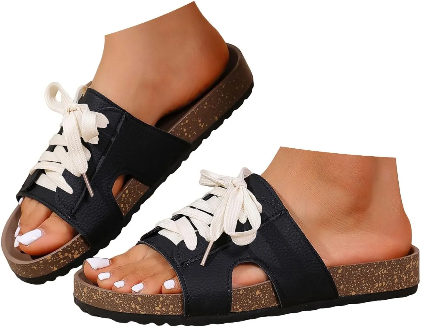 ZSpzx Women's Slide Sandals Summer Lace Up Strap Peep Toe Slip On Hollow Corked Footbed Sandal Non-Slip Cushioned Slides Ladies Comfortable Casual Shoes for Daily Wear Outdoor Indoor