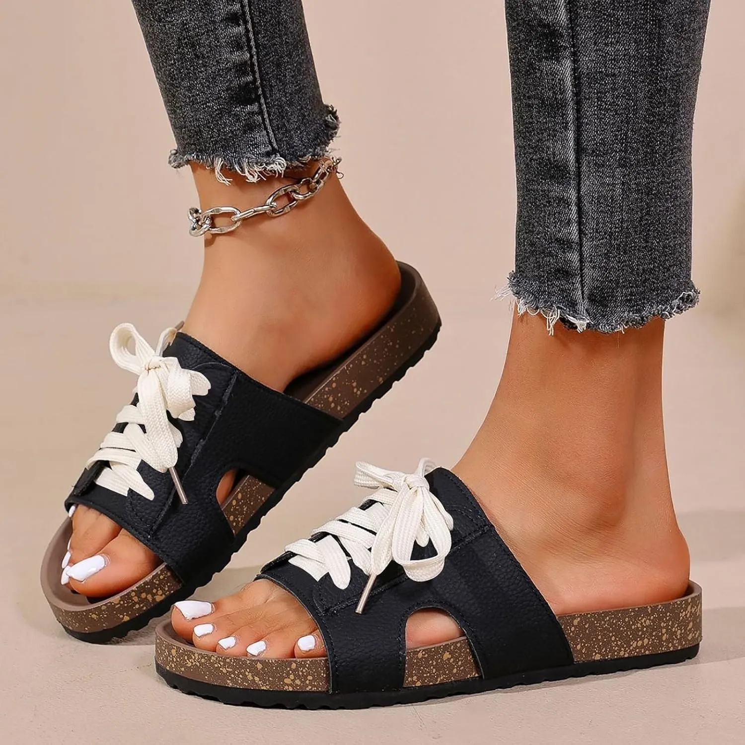 ZSpzx Women's Slide Sandals Summer Lace Up Strap Peep Toe Slip On Hollow Corked Footbed Sandal Non-Slip Cushioned Slides Ladies Comfortable Casual Shoes for Daily Wear Outdoor Indoor