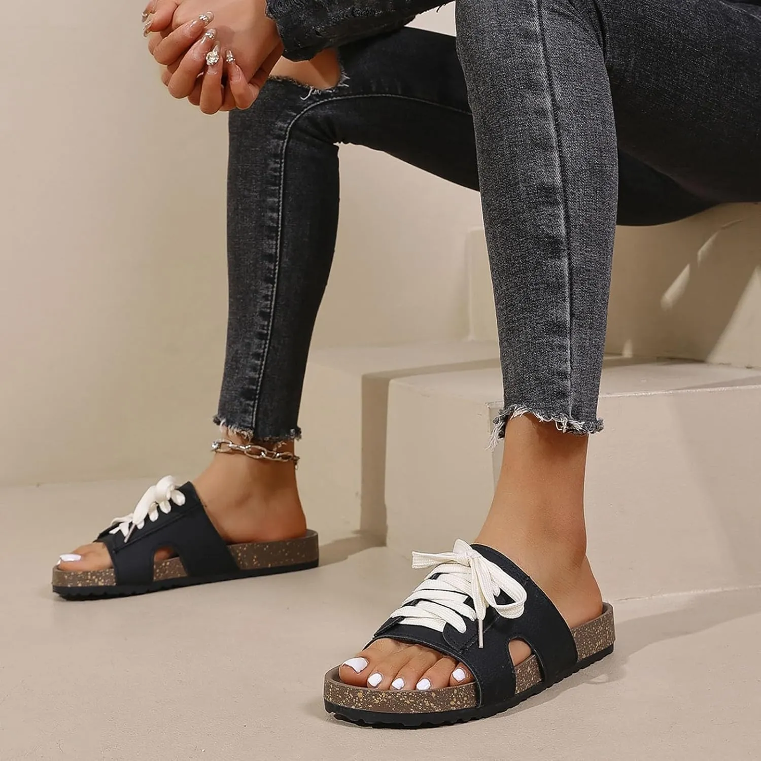ZSpzx Women's Slide Sandals Summer Lace Up Strap Peep Toe Slip On Hollow Corked Footbed Sandal Non-Slip Cushioned Slides Ladies Comfortable Casual Shoes for Daily Wear Outdoor Indoor